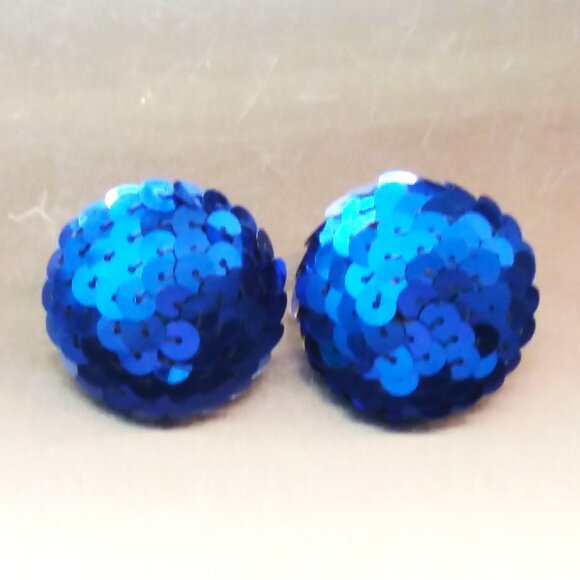 Dome Button Round Sequin Blue VTG Clip On Earrings The Icing Glamour Party Y2K - Picture 1 of 6